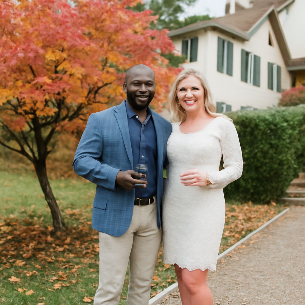 Couple in stylish fall engagement photo outfits during a scenic autumn shoot