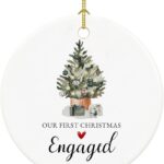 A selection of engagement ornaments including an engagement Christmas ornament and a Nightmare Before Christmas engagement ring.